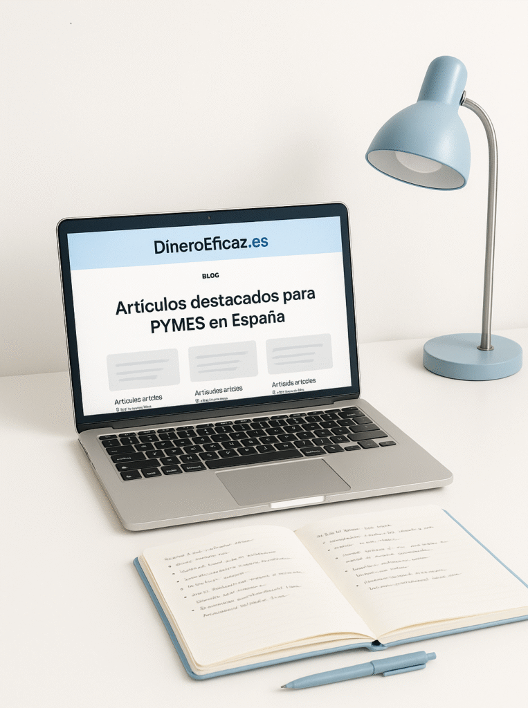 Imagen de artículos destacados de DineroEficaz.es para pymes en España, mostrando un laptop y cuaderno