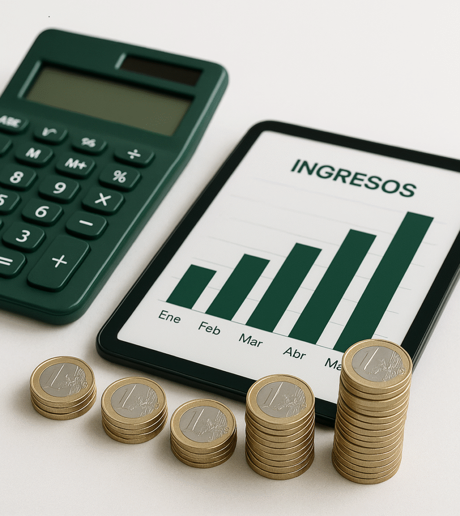 Imagen de gestión financiera para pymes en España, mostrando una tablet con gráficos y monedas