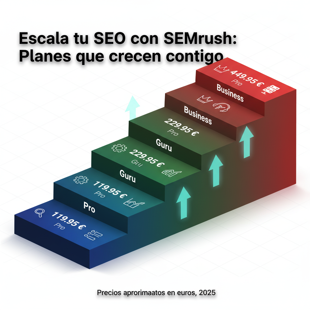 Revisión de SEMrush para pymes en España: La herramienta SEO que impulsa tu negocio Gráfico de barras comparando los precios de los planes Pro, Guru y Business de SEMrush para pymes españolas.