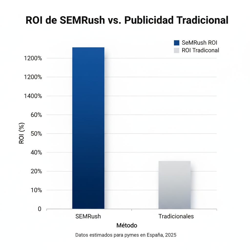 Revisión de SEMrush para pymes en España: La herramienta SEO que impulsa tu negocio Gráfico de barras comparando el ROI de SEMrush con la publicidad tradicional para pymes en España.