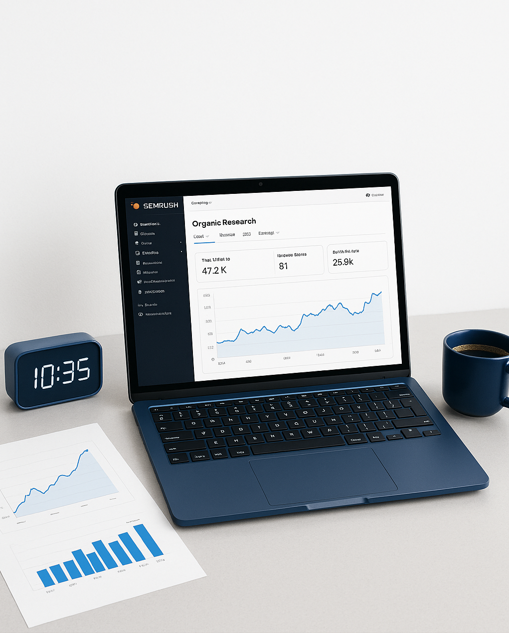 Imagen de productividad con SaaS para pymes en España, mostrando un laptop con SEMrush y un reloj.
